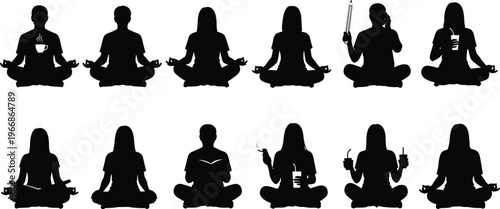 Yoga and meditation silhouette set, people in lotus pose drinking coffee, reading, and relaxing, wellness and mindfulness vector icons, comma.