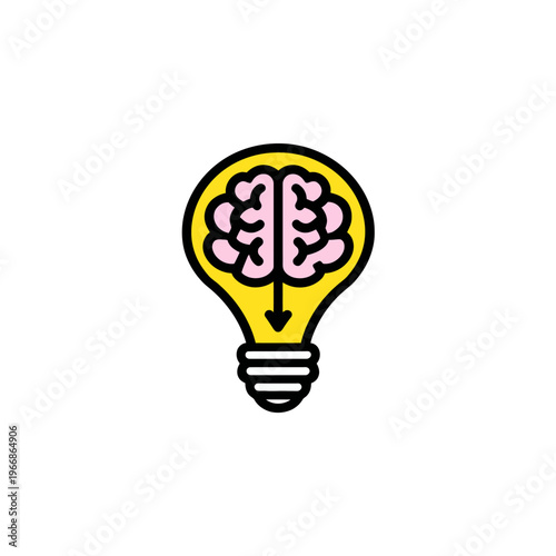 A brightly colored graphic of a lightbulb with a brain inside, pointing downward