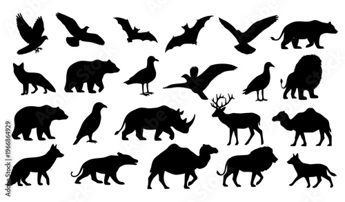 Wildlife animal silhouettes dynamic birds mammals zoo vector illustration set