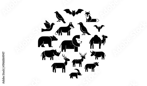 Minimal animal silhouette circle collection birds mammals wildlife vector design