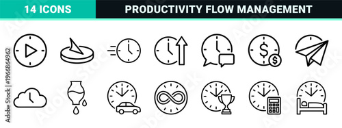 Time Management Geometric Line Icons featuring Ultra-Minimalist Monoline Aesthetic for Productivity Tracking and Business Scheduling Utility