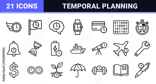 Time Management and Scheduling Line Art Icons Featuring Ultra-Minimalist Monoline Geometric Outline Style for Professional Business Utility