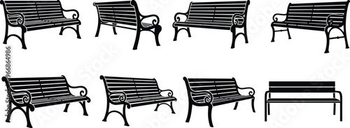 Black park bench silhouette set, various angles of wooden garden benches, outdoor street furniture icons, isolated vector illustrations on white background.