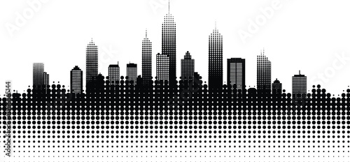 Halftone Silhouette of a City Skyline Featuring High Rise Skyscrapers and Dotted Gradient Effect for Urban Architectural and Modern Business Design