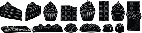 Silhouette Collection of Various Cupcakes and Muffins Featuring Different Frosting Swirls and Toppings for Bakery Menu and Sweet Dessert Design