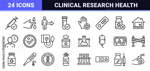Epidemiology and Public Health Safety Outline Icons Featuring Virus Research, Medical Diagnostics, and Clinical Laboratory Equipment Symbols.