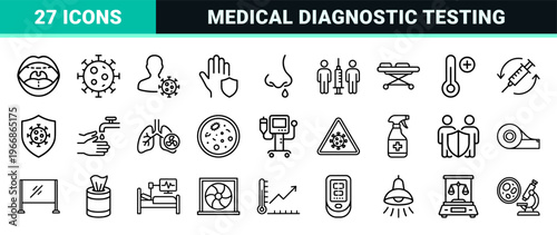 Infectious Disease Prevention and Laboratory Diagnostics Icon Set featuring Ultra-Minimalist Monoline Geometric Line Art for Healthcare Utility.