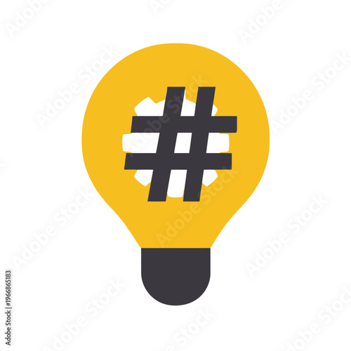 A yellow lightbulb with a hash tag symbol. The base is dark, while the bulb is filled with white