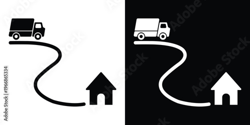 Shipping truck icon moving on a path toward a house. Vector symbol for logistics, e-commerce shipping, home delivery services, and transportation tracking.