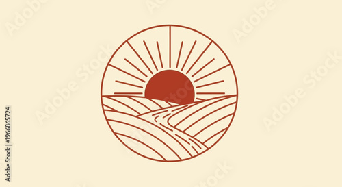 Sunrise over rolling hills with landscape illustration