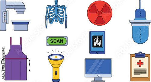 Medical and Radiology Equipment Set with X-Ray, Radiation, and Scan Symbols for Healthcare and Diagnostic Use