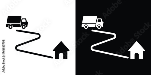 Shipping truck icon moving on a path toward a house. Vector symbol for logistics, e-commerce shipping, home delivery services, and transportation tracking.