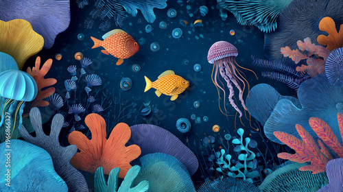 Sea life background paper cut style