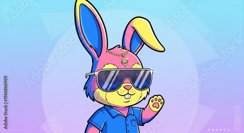 Colorful cartoon rabbit wearing sunglasses and a gold chain waving hello