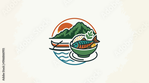 Scenic Food Bowl with Mountain and Boat