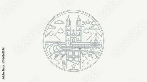Minimalist Line Art of a Cityscape with Mountains