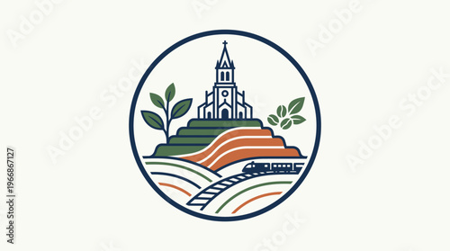 Scenic Landscape Emblem with Church and Train