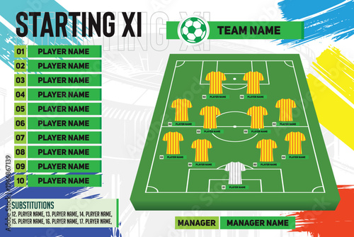 starting XI football formations tactics and planning position. football player name line up on white background vector design