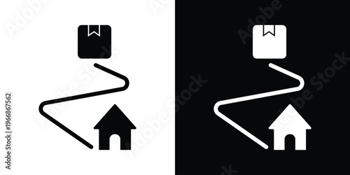 Cardboard box icon on a path leading to a house. Represents parcel delivery status, package tracking, last-mile logistics, and receiving online orders.