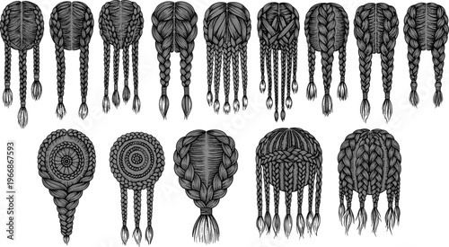Set of hand drawn illustrations featuring various intricate braided hairstyles and pigtails for women and girls isolated on a plain white background