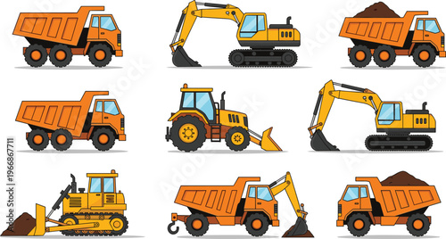 Construction vehicles set including dump trucks, excavators, bulldozer and loader heavy equipment illustration for building, mining, earthmoving and engineering projects