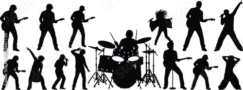 Silhouette illustration of musicians performing live rock concert with drummer, guitarists, singers, energetic stage presence, teamwork rhythm vector design for Adobe Stock content