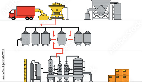 Industrial processing plant workflow diagram showing raw material handling, storage tanks, filtration system and packaging line for manufacturing production process illustration