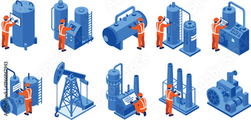 Industrial workers operating factory machinery and oil equipment isometric illustration set featuring engineers controlling manufacturing systems, pumps, compressors, refinery machines, automation 