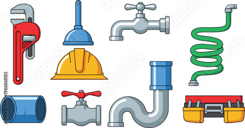 Plumbing and Maintenance Tools Set with Wrenches, Pipes, and Faucet Symbols for Home Repair and Construction