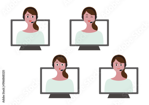 ビデオ通話で説明をする女性オペレーターの表情４種類ベクターイラスト素材セット／笑顔・驚く（白・ロングヘア）