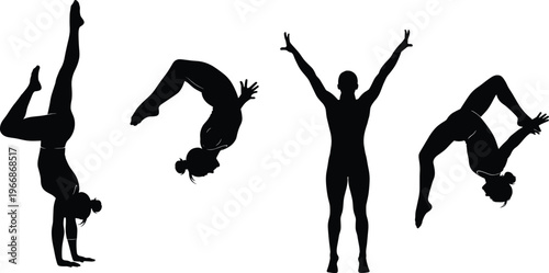 Silhouette sequence of gymnast performing flips jumps and handstand isolated on white background, dynamic acrobatic motion fitness strength balance training concept art