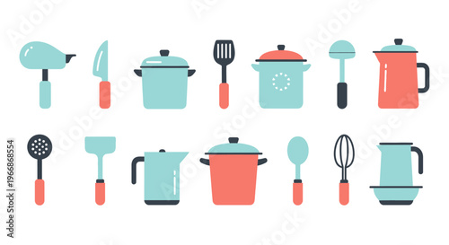 Kitchen utensils and cookware on a table indoors