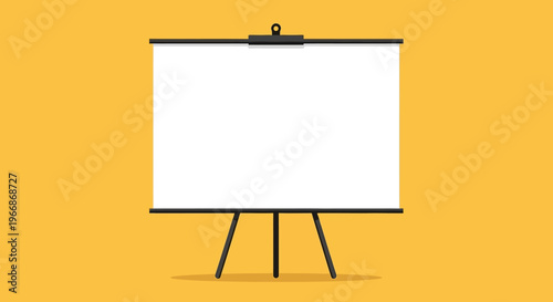 A blank white presentation board on a stand against a vibrant yellow background.
