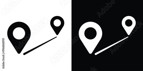 Vector illustration featuring two map pin location markers connected by a path line. Clean black and white icon set representing navigation, destination tracking, and logistics mapping.