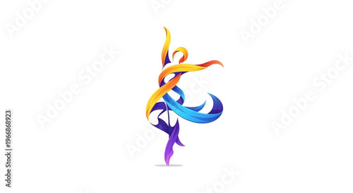 Vibrant purple figure dancing with colorful swirling ribbons in air on white background