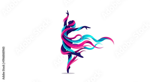 Vibrant dancer in motion with flowing pink and blue ribbons dynamic pose on white background expressing freedom and joy energetic and lively illustration