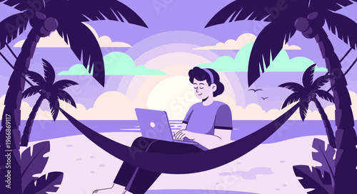 A charming illustration portrays an individual working remotely on a laptop, comfortably relaxing in a hammock on a picturesque tropical beach during sunset.