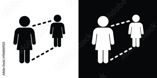 Flat vector icon depicting two female figures with dashed lines indicating safe distancing. Minimalist design for public health awareness, safety measures, and social distancing protocols.