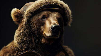 Brown bear wearing fur hood with ear flaps standing in autumn forest. Concept of wildlife character, humorous animal portrait and creative nature photography.