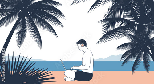A serene illustration captures a man enjoying the freedom of remote work on a tropical beach, surrounded by swaying palm trees and the calming ocean vista.