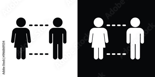 Flat vector icon of female and male figures maintaining social distance with dashed line indicators. Minimalist black and white design representing safety protocols and physical distancing guidelines.