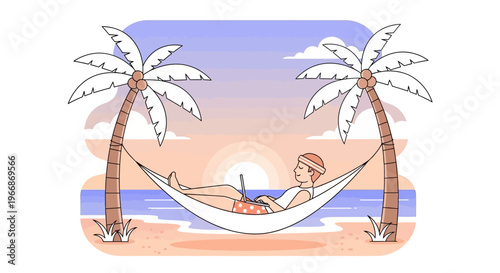A serene illustration captures a man enjoying remote work from a tropical beach, relaxing in a hammock between two palm trees at sunset.