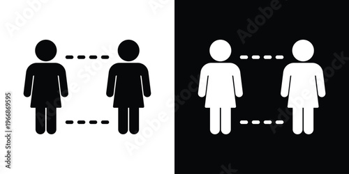 Flat vector icon of two female figures maintaining social distance with dashed line indicators. Minimalist black and white design representing safety protocols and physical distancing guidelines.