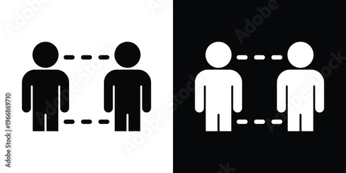 Flat vector icon of two male figures maintaining social distance with dashed line indicators. Minimalist black and white design representing safety protocols and physical distancing guidelines.