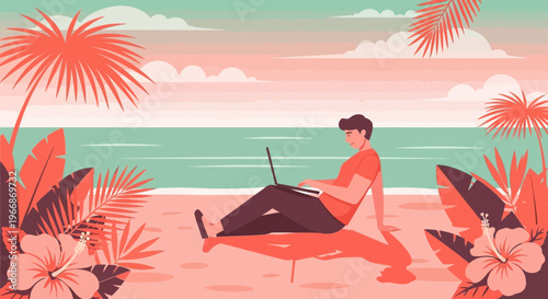 A person enjoys the freedom of remote work, typing on a laptop while relaxing on a serene tropical beach with palm trees and ocean views.