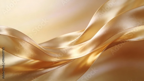 Smooth golden satin ribbon spreads under warm light, presenting a high-end luxury texture and elegant atmosphere, making it a visual material image suitable for backgrounds and materials in the beauty