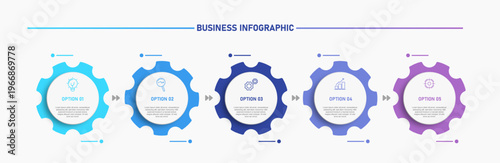 Modern business infographic template featuring five-step process with gear shapes and icons. Clean, minimal, and professional layout with gradient accents.