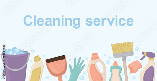 Colorful banner with cleaning supplies. Housework concept with bottles, gloves, dustpan, broom, spray, bucket and soap bubbles