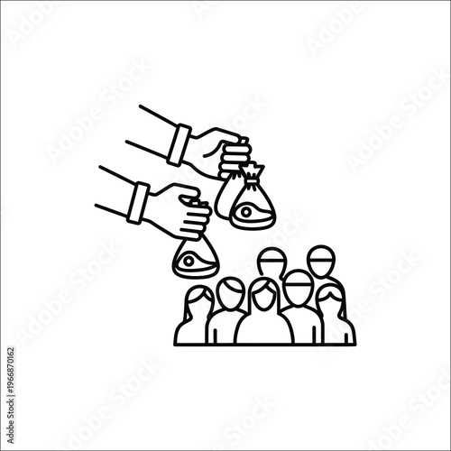 Hands giving money bags to a group of people. Charity, donation, and humanitarian aid line art vector icon.