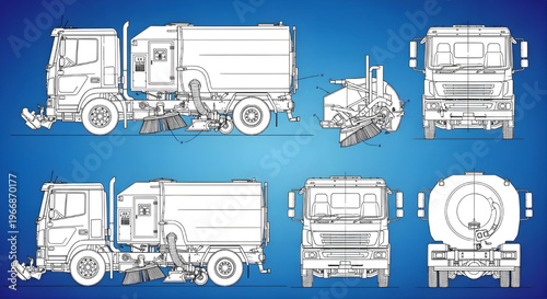 Street Sweeper Truck AutoCAD Blueprint Vector – Municipal Cleaning Vehicle Multi View Technical Drawing Gradient on Blue Background